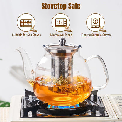 PARACITY Glass Teapot Stovetop 40 OZ/1200ml, Borosilicate Clear Tea Kettle with Removable 18/8 Stainless Steel Infuser, Teapot Blooming and Loose Leaf Tea Maker Tea Brewer for Camping, Travel