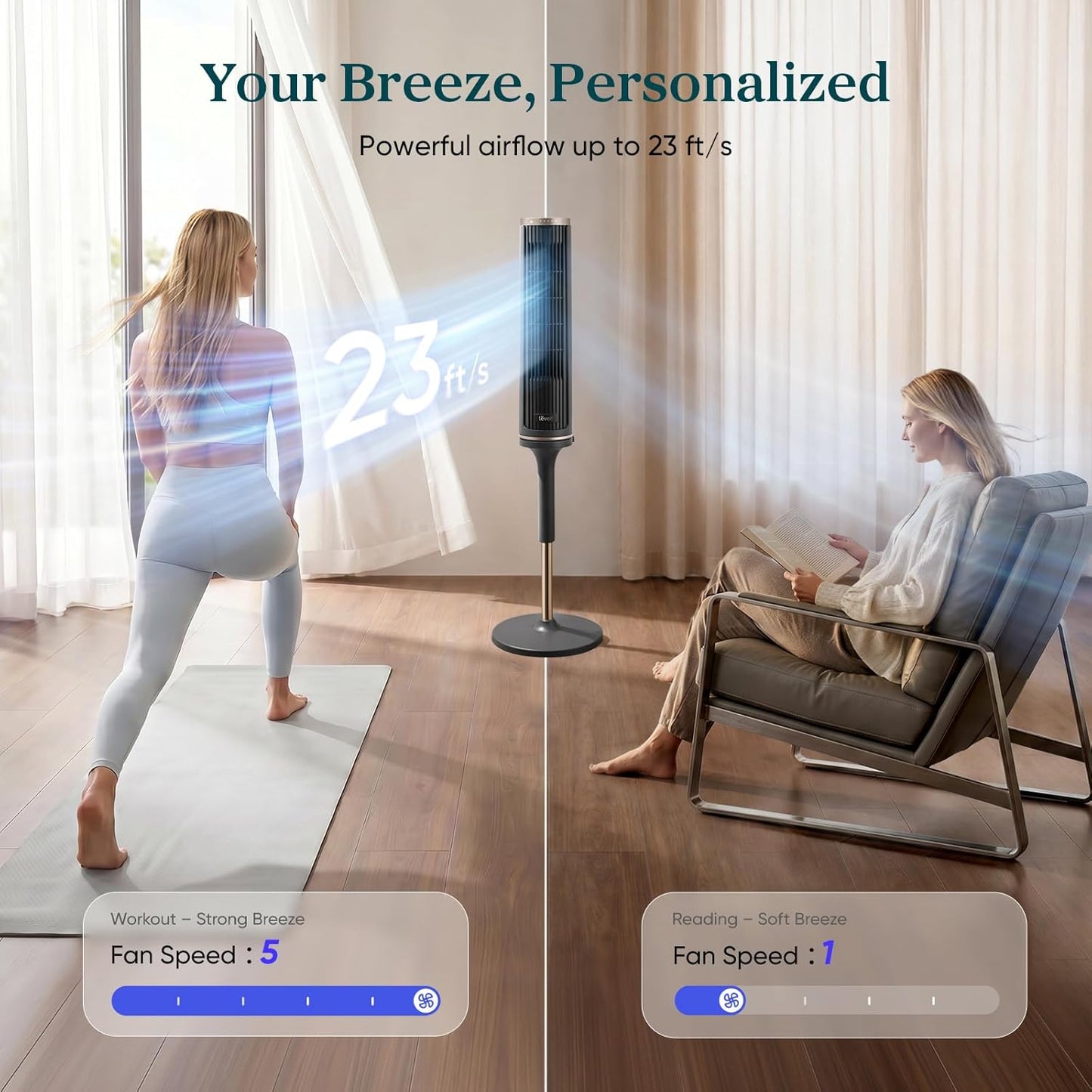 LEVOIT Tower Fan for Bedroom, Standing Fan with 36”-47” Adjustable Height, 90° Oscillating Room Fan, 28dB Quiet for Sleep, 23 ft/s Velocity, 5 Speeds 4 Modes, 12H Timer, Remoter, for Home, White