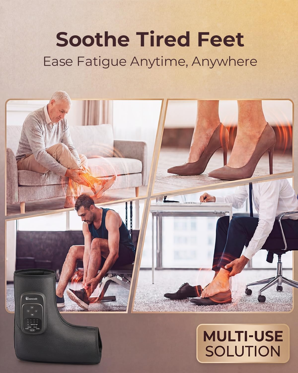 Foot Massager with Air Compression and Heat, Portable Cordless Ankle and Calf Massager with 5 Modes & 5 Intensities, Lightweight Compression Boots for Muscle Relaxation