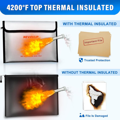 Upgraded 6200°F Fireproof Document Bag with Lock, Fire proof Money Bag for Cash with Zipper/Reflective Strip, 9 Layer of Heat Insulated Material, Water Resistant Fireproof Bags for Documents,Safe Bags