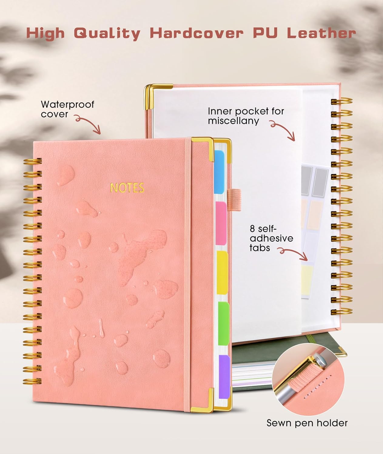 Hardcover Spiral Notebook journal with Removable Dividers Tabs, 300 Pages Leather 5 Subject Notebook College Ruled, 8"x10" Large B5 Notebooks for Work School Note taking, Lined Journal for Women,Black