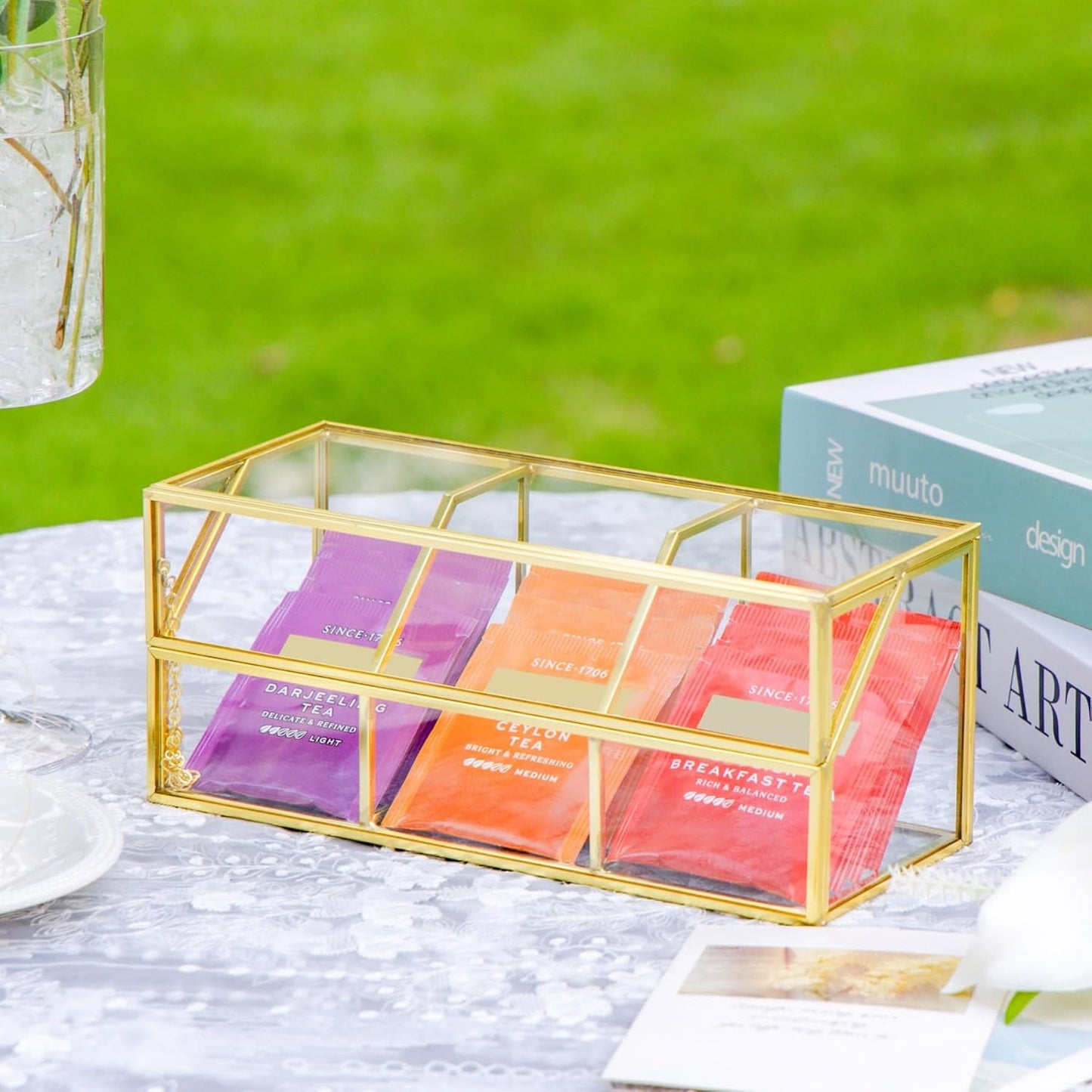 NCYP Glass Tea Bags Organizer with 5 Grids Compartments, Indoor Counter Top Brass Display Case with Lid, Storage Box, Gold, Decor, Teabag Storage, 14.5 x 3.6 x 3.66 Inches (Glass Box Only)