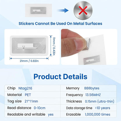 NFC Tags Sticker 40 Pcs Rectangle NTAG216 Chip Tags