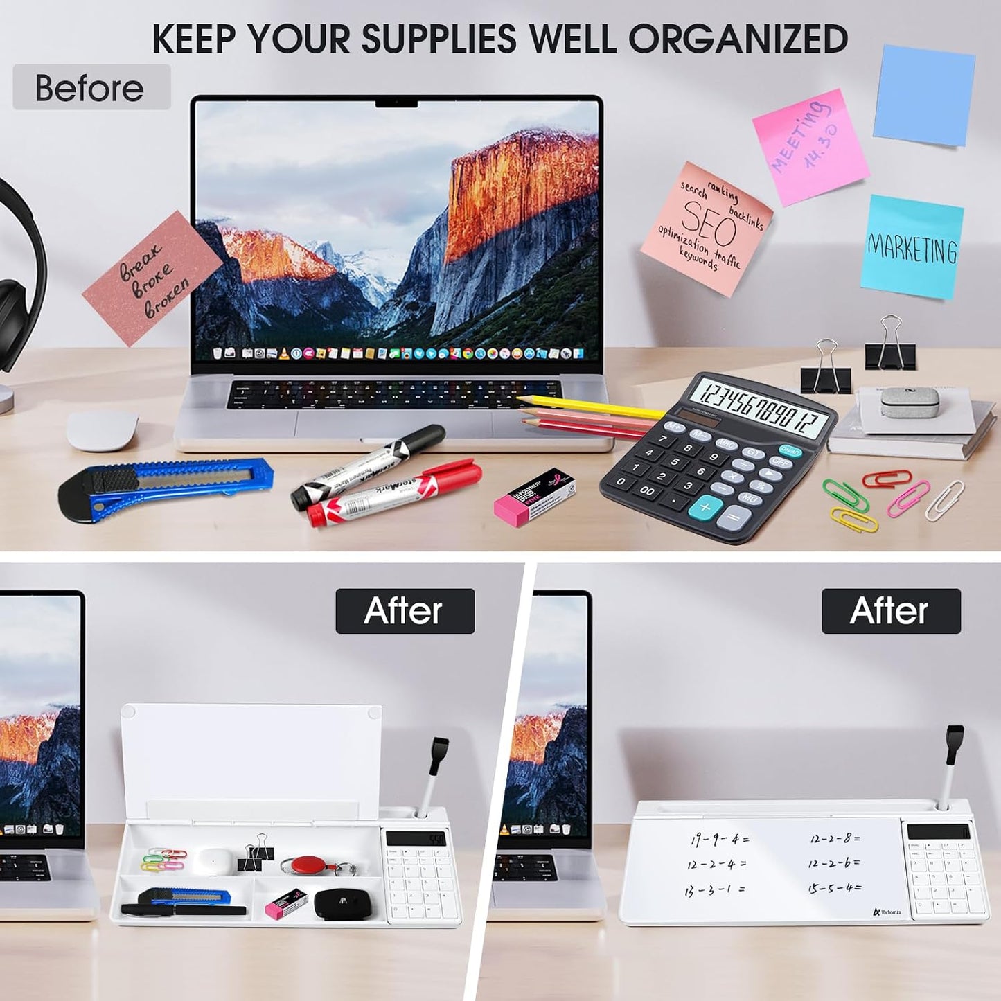 Varhomax Glass Weekly Dry Erase Desk White Board, Desktop to Do List Planner Whiteboard Calendar with Storage Caddy Memo for Home and Office, White
