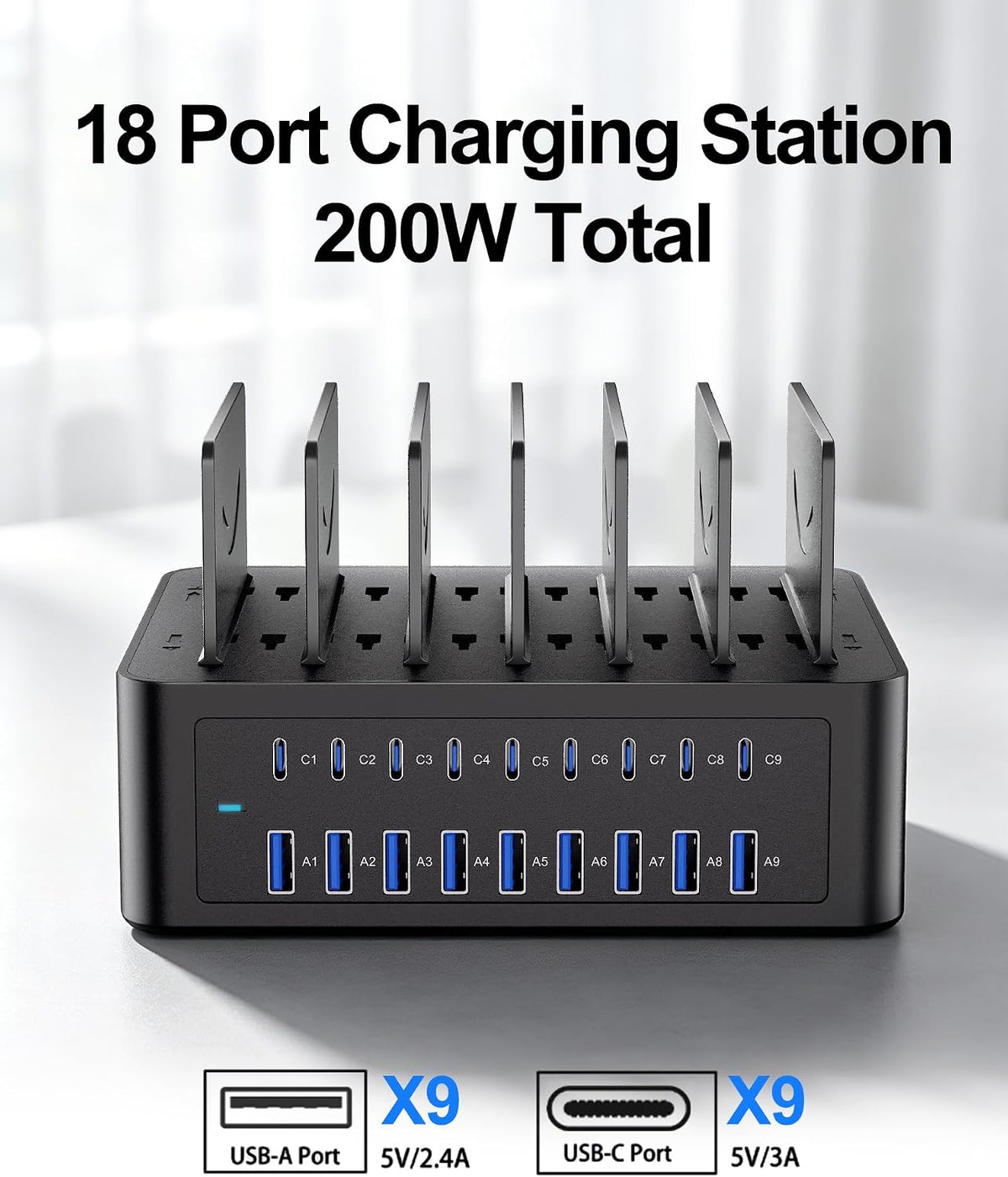 200W/40A Charging Station for Multiple Devices, 18 Port USB C Fast Charger