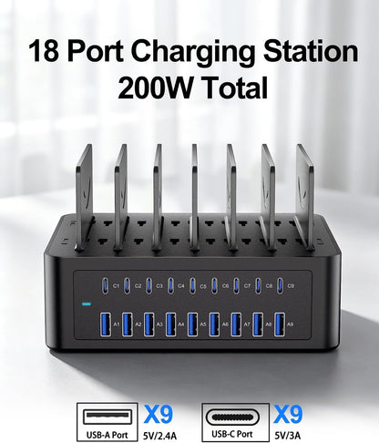 200W/40A Charging Station for Multiple Devices, 18 Port USB C Fast Charger