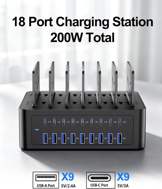 200W/40A Charging Station for Multiple Devices, 18 Port USB C Fast Charger