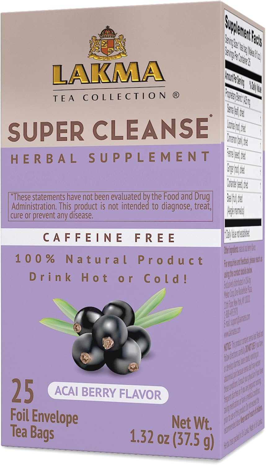 Lakma Super Cleanse Tea with Acai Berry, 100% Natural, Vegan, 25 Tea Bags