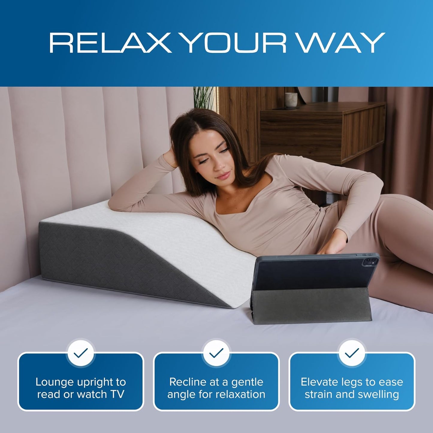 Kolbs Bed Wedge Pillow for Sleep Apnea, FSA Eligible Acid Reflux, and Back Pain Relief, with Chic Jacquard Cover - Headboard Wedges for Sleeping (5" Gentle Incline)