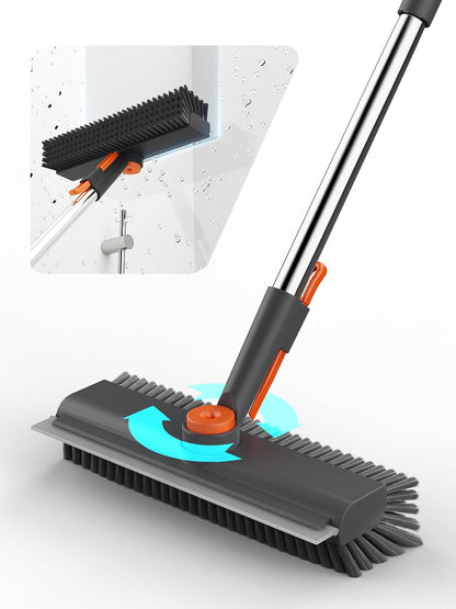 Floor Scrub Brush with Long Handle, 3 in 1 Scrape and Heavy-Duty Stiff Bristle Floor Scrubber Brush with Squeegee and Tweezer for Cleaning Tile Wall Deck Bathroom Patio Garage Kitchen (White)