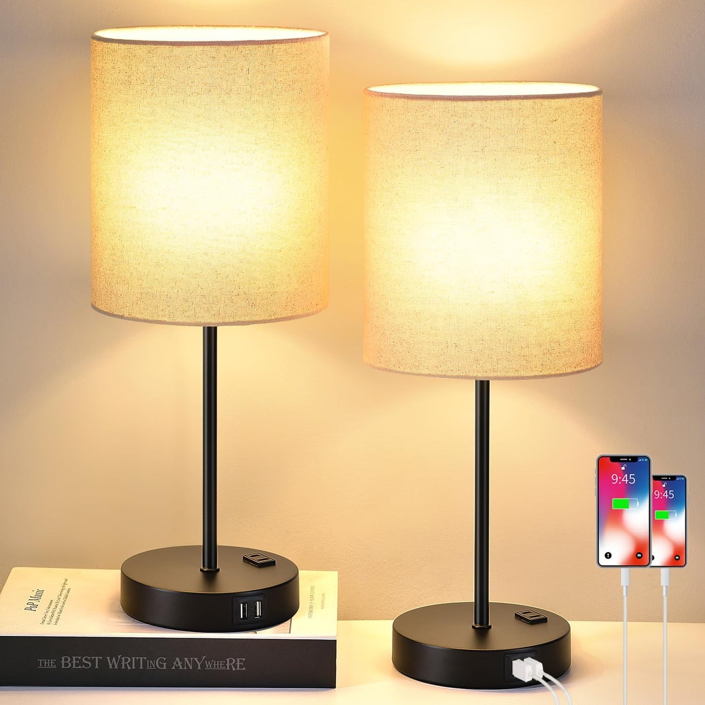 Set of 2 Touch Control Table Lamps with 2 USB & AC Outlet, 3-Way Dimmable Bedside Nightstand Lamps for Bedroom Living Room Nursery, 800 Lumens 5000K Daylight Bulbs Included