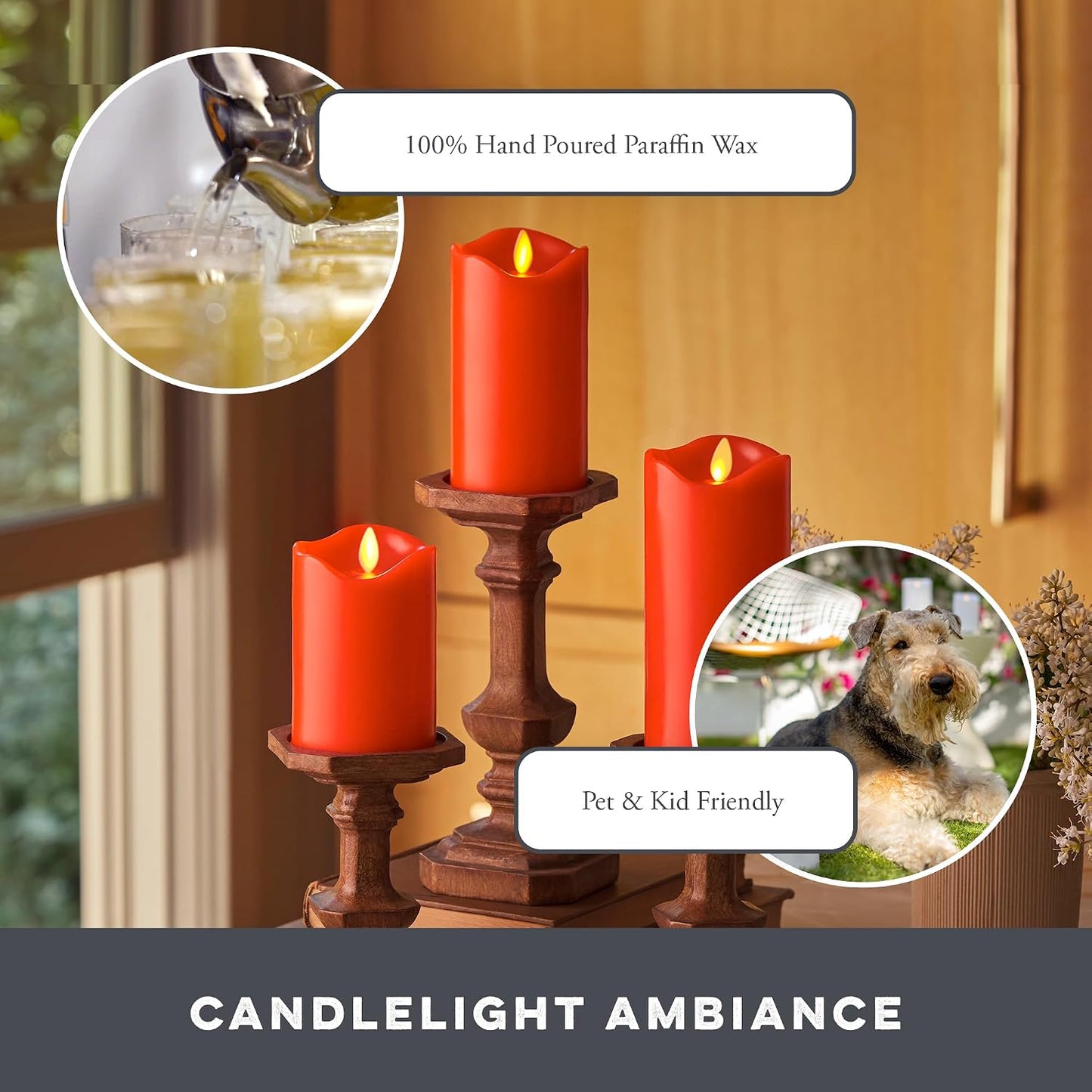 Matchless Candle Co. by Luminara Set of 3 Flameless LED Pillar Candles, Real Wax, Moving Flame (3x4.5, 3x5.5, 3x6.5 Inch, Unscented)