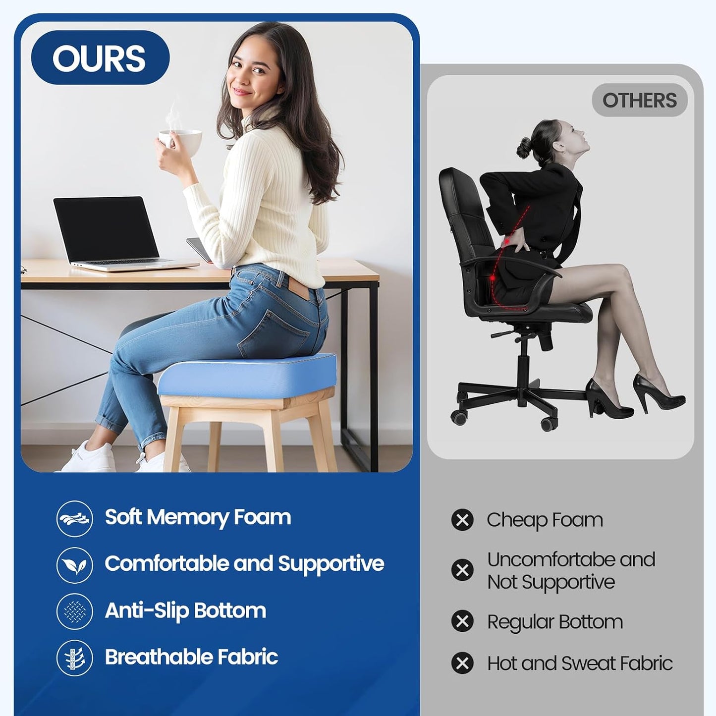 SweetSlubr Seat Cushion for Tailbone Pain Relief, Office Chair Cushion, Chair Pad, Memory Foam Large Cushion with Non-Slip Cover for Soft Support at Office Chair, Car Seat, Airplane, Black/Large