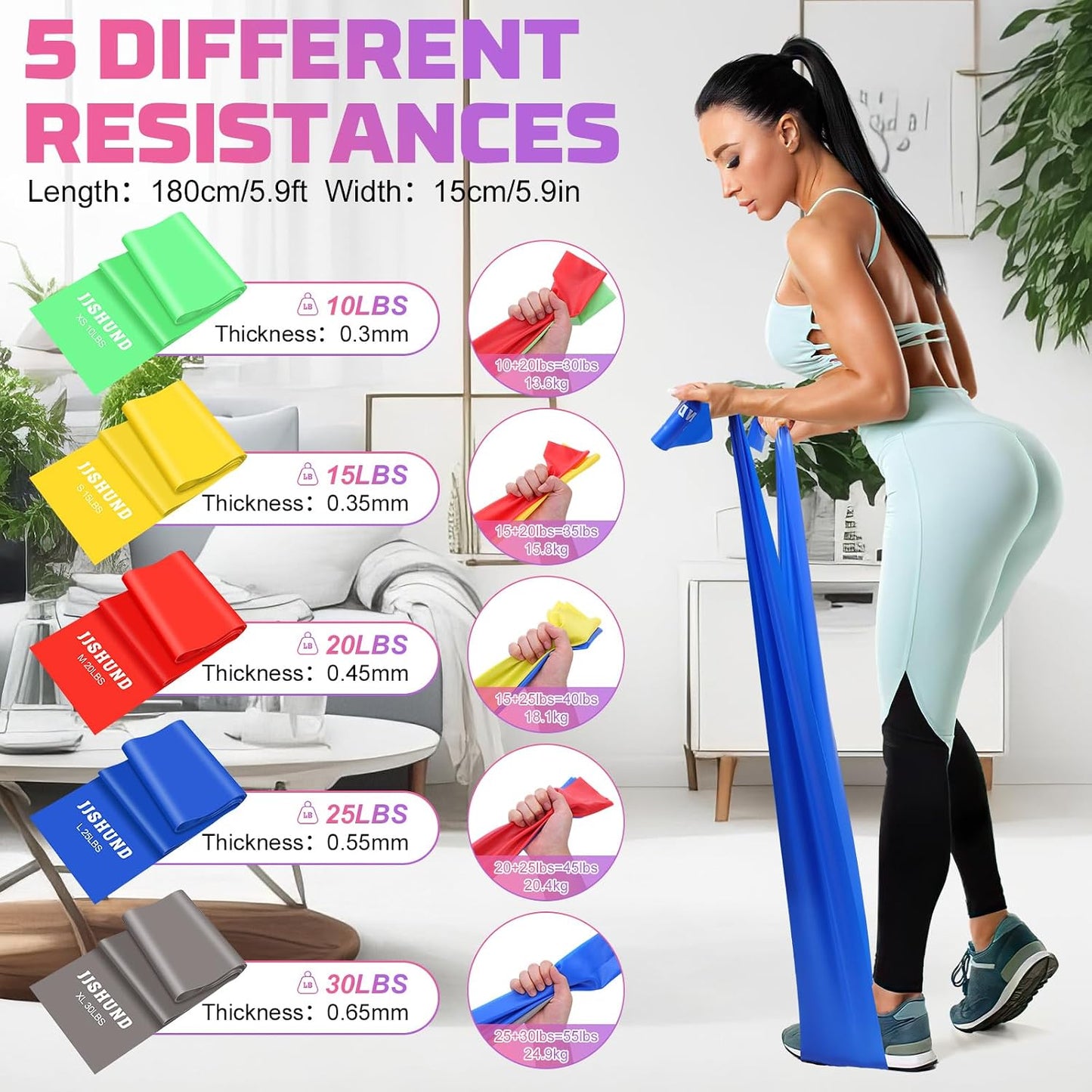 5 Pcs Resistance Bands, Professional Exercise Bands Elastic Stretch Bands for Fitness Yoga Pilates Stretching Strength Training, Workout Bands for Women and Men Home Gym