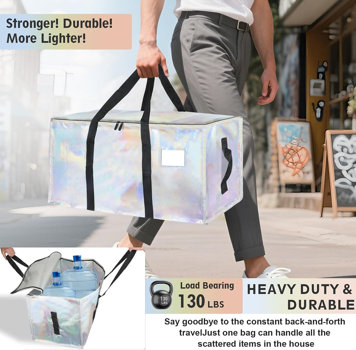 Moving Bags Extra Large - Heavy Duty Storage Totes with Wrap-Around Handles & Reinforced Zippers - Foldable Moving Box Alternative, Water-Resistant for Dorm, Closet & Under Bed Storage (Clear)