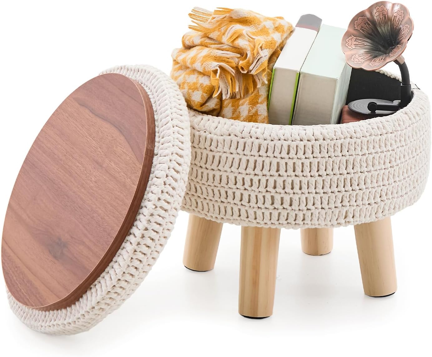 Wimarsbon Pouf Ottoman, 100% Cotton Knitted Boho Footstool, Round Footrest with Non-Skid Wood Legs, Home Décor Handmade Pouffe, Leisure Floor Step Stool for Living Room (Beige)