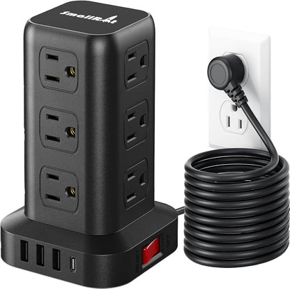 Extension Cord with Multiple Outlets, SMALLRT Power Strip Tower, Outlet Extender with 12 AC Outlets 4 USB, 6.5FT Extension Cord for Home Dorm Room, Office Supplies,Overload Protection