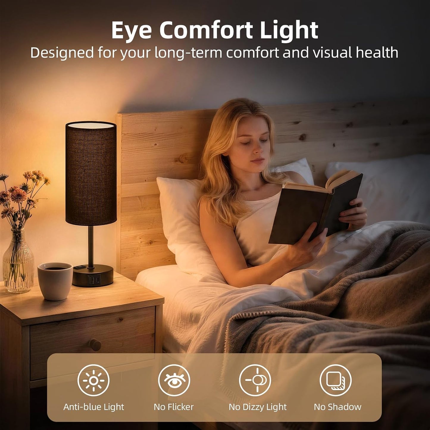 Table Lamp for Nightstand, High-Sensitivity Touch, 3-Level Dimmable Bedside Lamp with AC Outlet | USB | and USB-C, Ideal Night Stand Lamp for Bedroom, Reading, Living Room(Warm&Wooden)