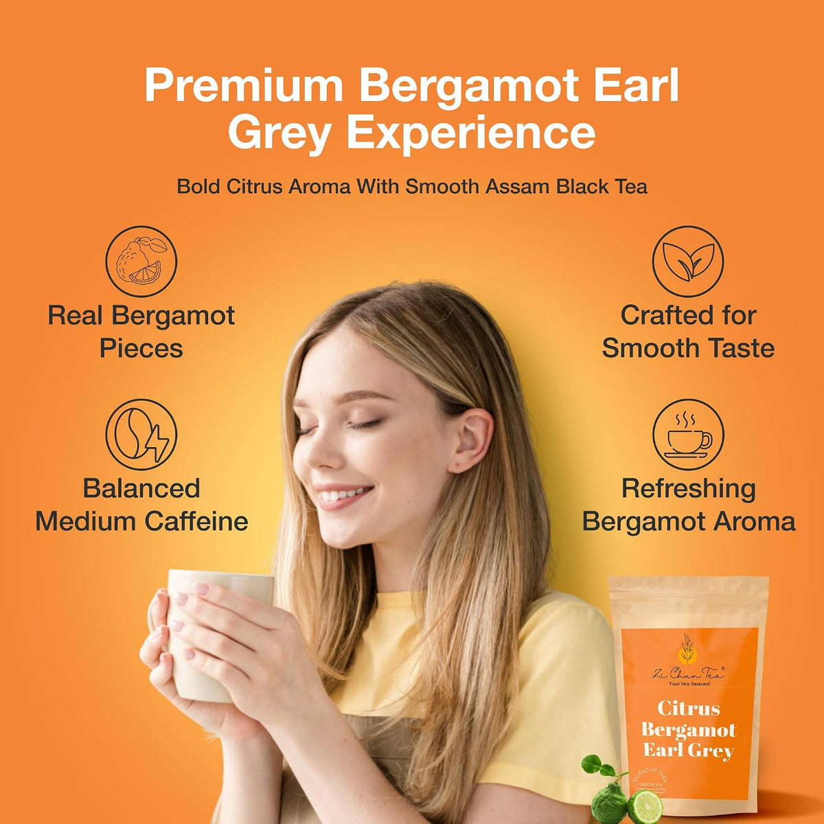 Zi Chun Earl Grey Tea Loose Leaf with Real Bergamot Fruit Pieces, 3.5oz