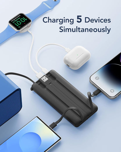 VRURC Portable Charger, Slim Power Bank Built-in 4 Cables, Travel Essential