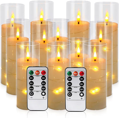24 Pcs LED Flameless Candles with Remote, 3D Flickering Flame & LED String Lights, Acrylic Clear Cylinder, Timer Function, Romantic Ambience for Home Decor, Party, Wedding (Ivory).