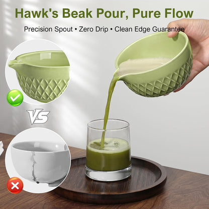 Matcha Whisk Set, 7 Pcs Matcha Kit, Ceramic Matcha Set Includes Matcha Bowl with Spout, Matcha Whisk and Holder, Bamboo Scoop, Scoop Rest, Sifter and Tea Towel (Ceramic White)