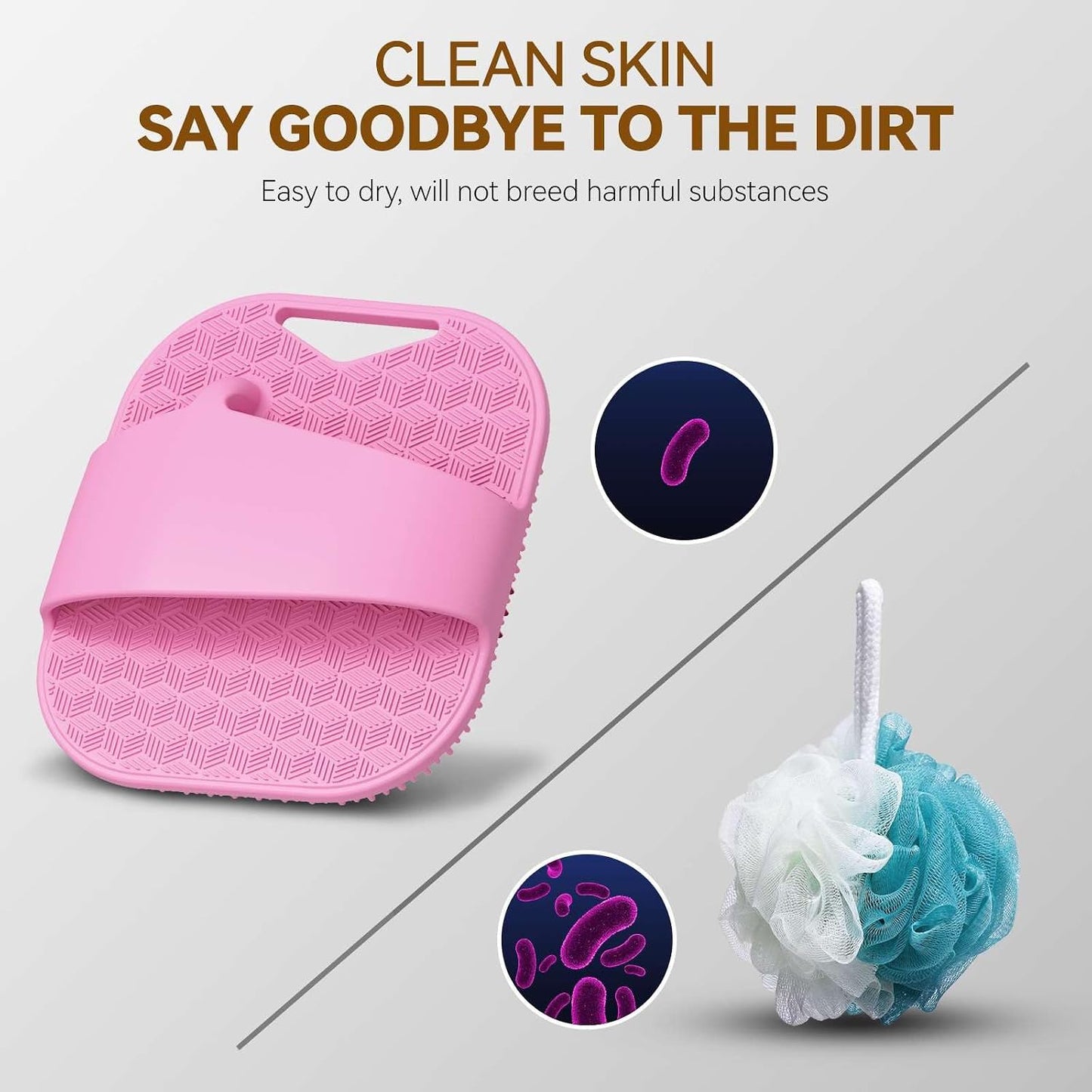 Silicone Body Scrubber for Men Women, Friendly Shower Body Scrubber for Sensitive Skin, Silicone Loofahfor Showering with Richer Foam Bristles and Anti-Slippery Handle, Gray
