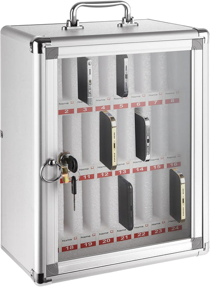Aluminum Cell Phone Lock Box with Key 24 Slots Aluminum Alloy Pocket Chart Storage Cabinet for Cell Phone Locker Wall-Mounted Cell Phone Box Cell Phone Storage Cell Phone Jail for Office