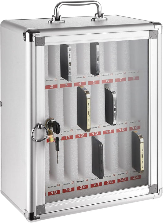 Aluminum Cell Phone Lock Box with Key 24 Slots Aluminum Alloy Pocket Chart Storage Cabinet for Cell Phone Locker Wall-Mounted Cell Phone Box Cell Phone Storage Cell Phone Jail for Office