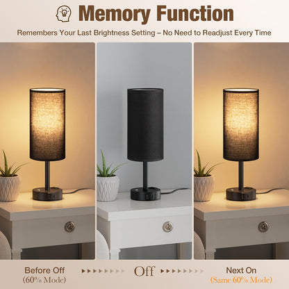 Touch Bedside Table Lamp with Memory - Stepless Dimmable Lamp for Bedroom, Small Nightstand Lamp with Dual USB Charging Ports and AC Outlet, Wood Night Light, Desk Lamp for Nursery, Living Room, Dorm