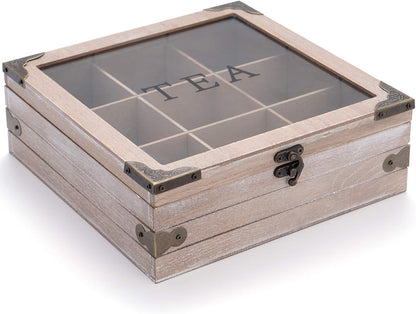 Tea Box Organizer - Rustic Tea Bag Storage,Teas Bag Holder for Coffee Sugar Pods Packets & More – Elegant Tea Storage Solution for Home & Kitchen (Gray)