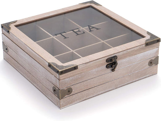 Tea Box Organizer - Rustic Tea Bag Storage,Teas Bag Holder for Coffee Sugar Pods Packets & More – Elegant Tea Storage Solution for Home & Kitchen (Gray)