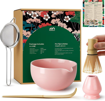 7Pcs Matcha Whisk Set, Matcha Set Whisk and Bowl,Bamboo Scoop, Scoop Rest, Sifter and Tea Towel, Matcha Kit W/Carved Cherry Blossm Pattern for Matcha Lovers (Sakura Pink)