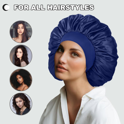 Extra Large Satin Bonnet Hair Cap for Women Men | 17inches, Jumbo Silk Sleep Cap, Wide Elastic Band for Braids Curly Hair Locs, Black
