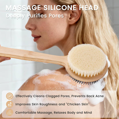 Back Scrubber for Shower，17in Bamboo with Curved Long Handle - Stiff Natural Boar Bristles for Men and Women, Deep Cleansing and Exfoliating, Anti-Slip Grip for Wet or Dry Brushing
