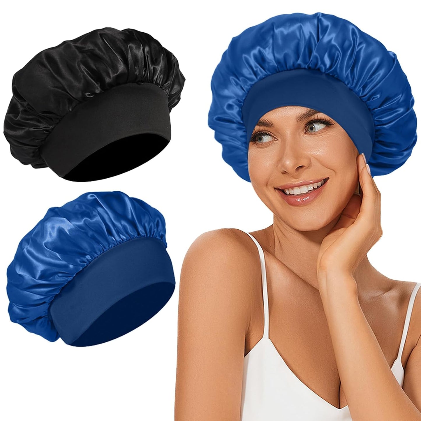 4Pcs Satin Bonnet Silk Bonnet, Hair Bonnet for Sleeping | Elastic Wide Band Silk Sleep Cap, Soft and Breathable, Black Red Purple Gold