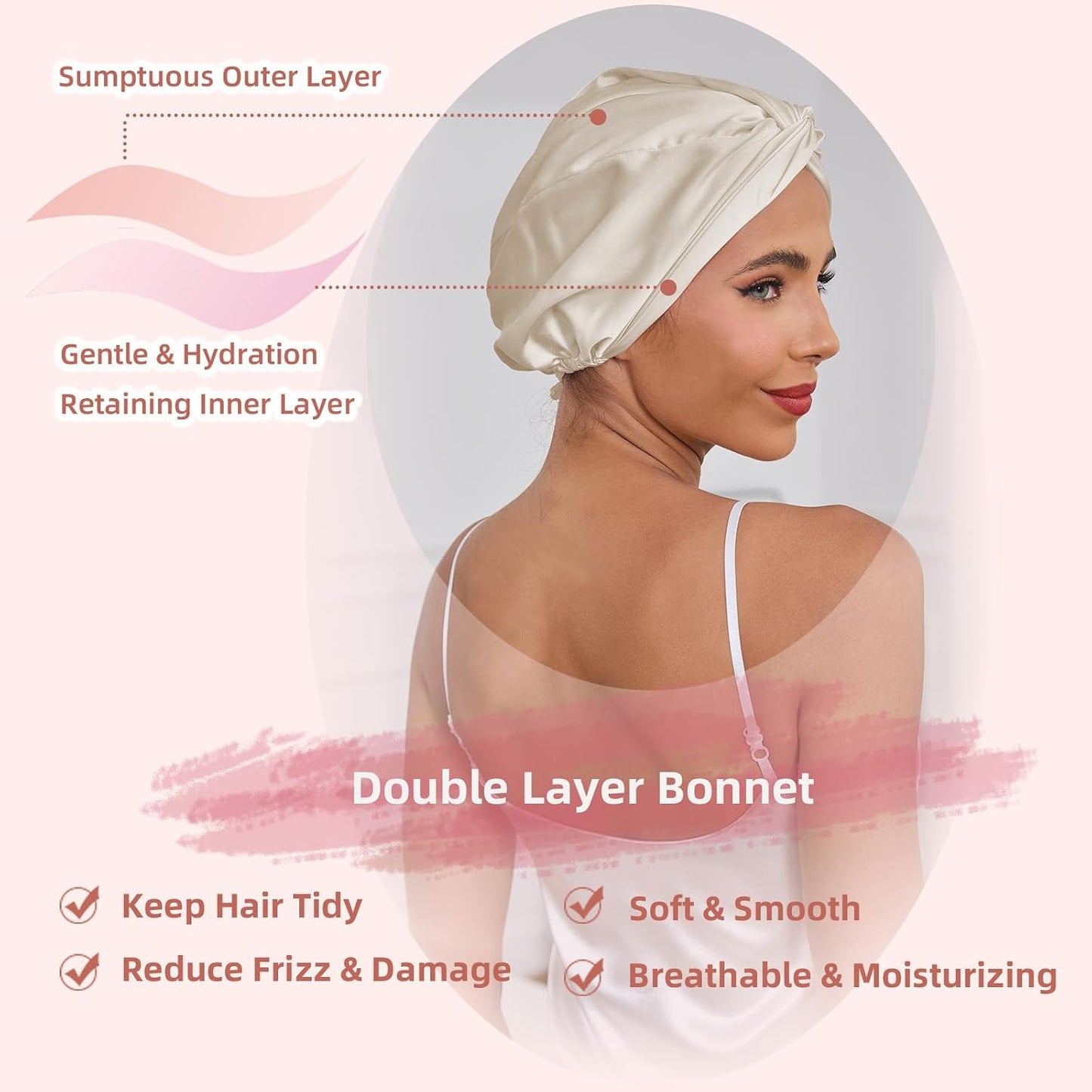 Adjustable Silk Satin Hair Bonnet for Sleeping Women, Double Layer, Silk Hair Wrap for Sleeping Women Men, Curly Natural Braid Straight Unisex - Pink