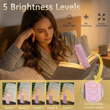USB Rechargeable Book Light, Portable Clip-on LED Reading Light, Reading Lights for Books in Bed with 3 Amber Colors & 5 Brightness Dimmable, Compact & Long Lasting, Perfect for Book Lovers (Pink)