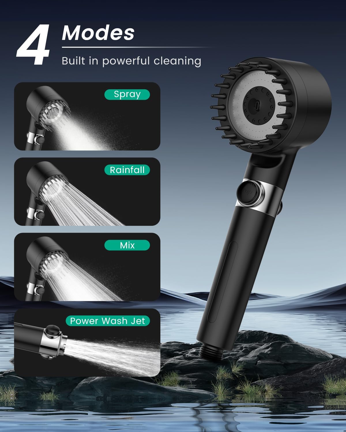 Filtered Shower Head with Handheld with 4PCS Filters, High Pressure 4 Spray Modes Shower heads with Filter, IronDrops Water Softener Filter for Hard Water 70" Hose (Chrome)