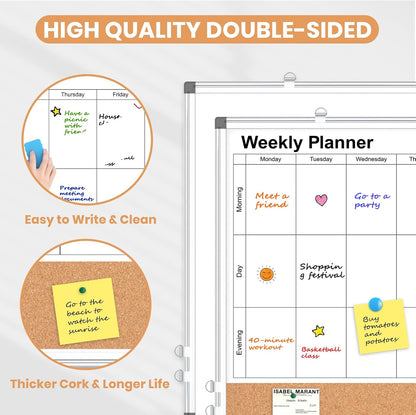 Weekly Dry Erase Calendar Whiteboard for Wall, 24" x 18" Cork Week Planner