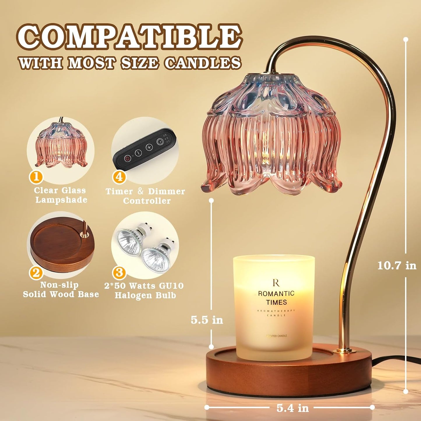 Funistree Flower Candle Warmer Lamp with Timer, Dimmable Candle Lamp Warmer, Christmas Birthday Gifts for Women Mom Her, Housewarming Home Decor, Lotus Wax Warmer for Yankee Candles - Lily Amber
