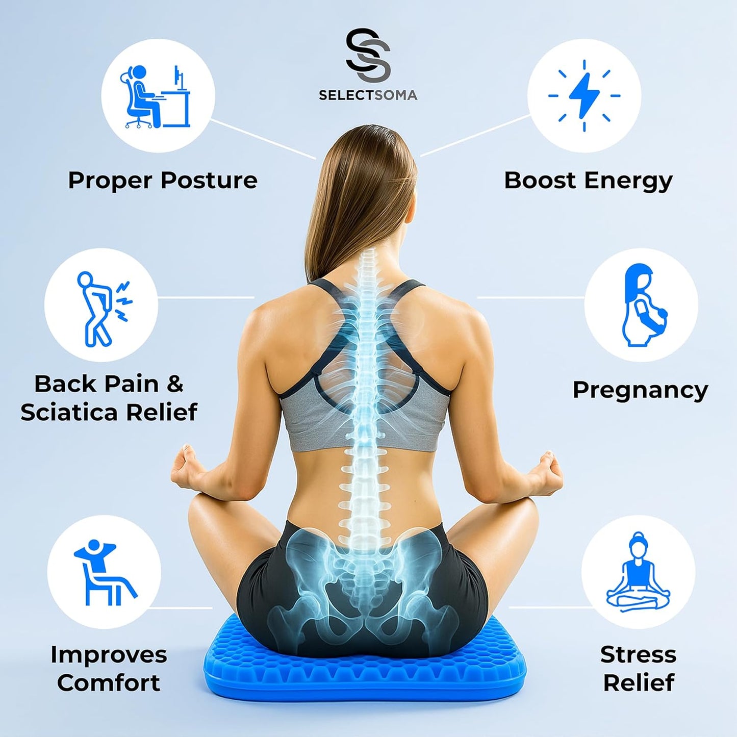SelectSoma Double-Thick Gel Seat Cushion for Long Sitting Pressure Relief for Back, Sciatica, Coccyx, Tailbone Pain - Cushion for Airplane Travel, Office Chair, Wheelchair, Car & Truck - Egg Seat Pad