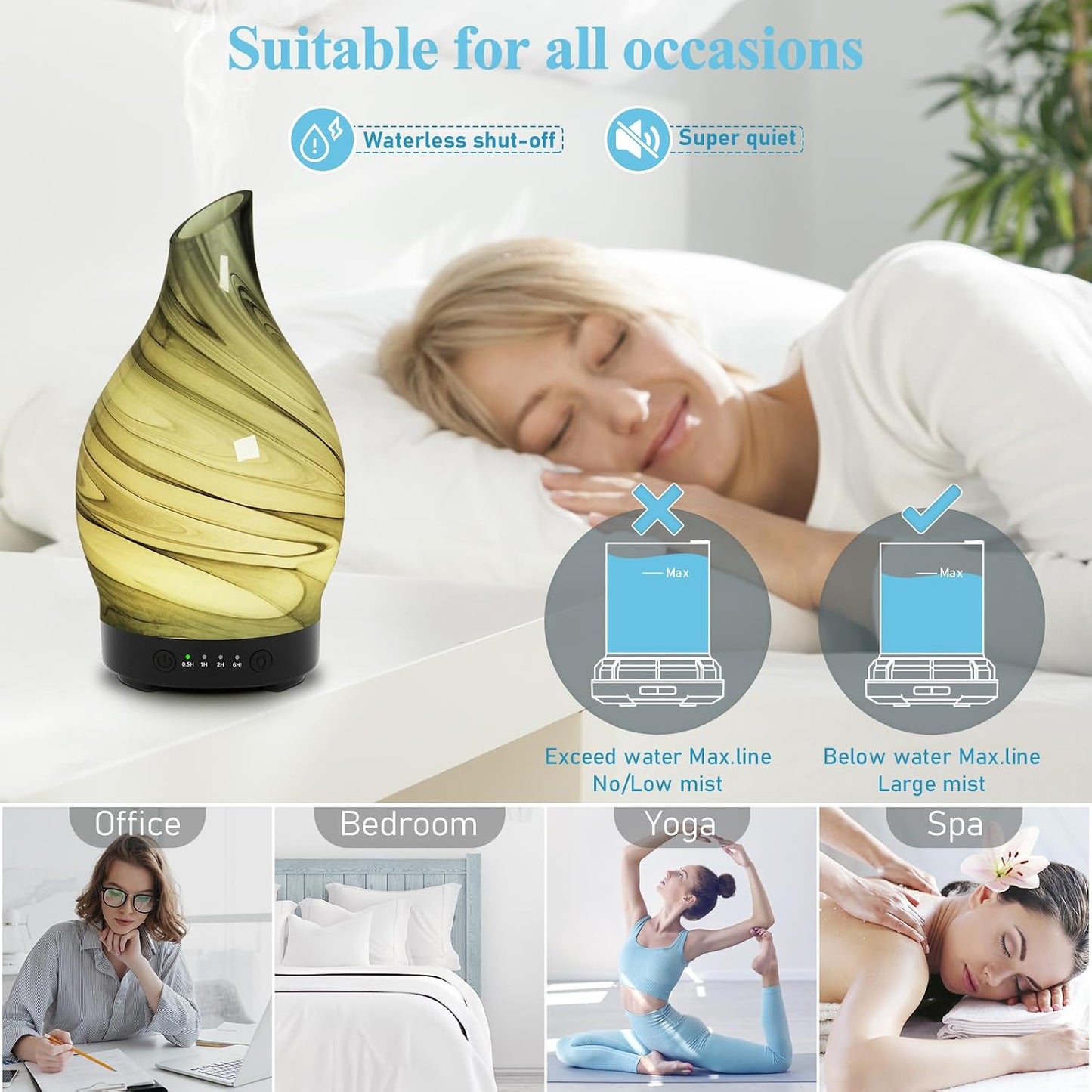 Essential Oil Diffuser 120ML Glass Aromatherapy Diffuser with 4 Timer Settings & 7 Color Changing Lights, Auto Shut-Off, Ultra Quiet Oil Diffuser for Home, Office, Yoga, Spa