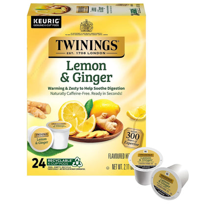 Twinings Lemon & Ginger Herbal Tea K-Cup Pods for Keurig, 24 Count (Pack of 1), Tangy & Spicy, Naturally Caffeine-Free, Enjoy Hot or Iced