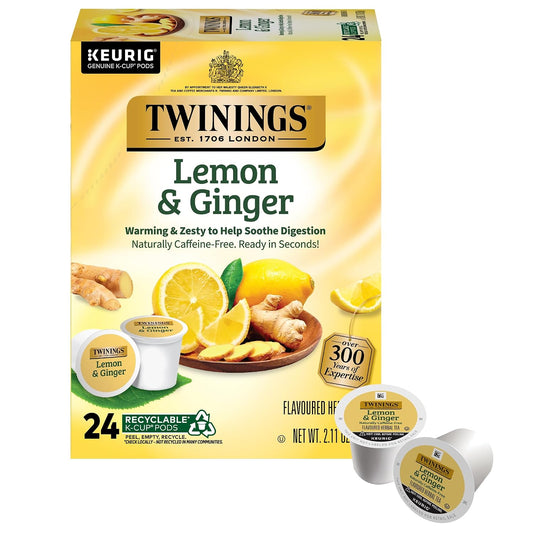 Twinings Lemon & Ginger Herbal Tea K-Cup Pods for Keurig, 24 Count (Pack of 1), Tangy & Spicy, Naturally Caffeine-Free, Enjoy Hot or Iced