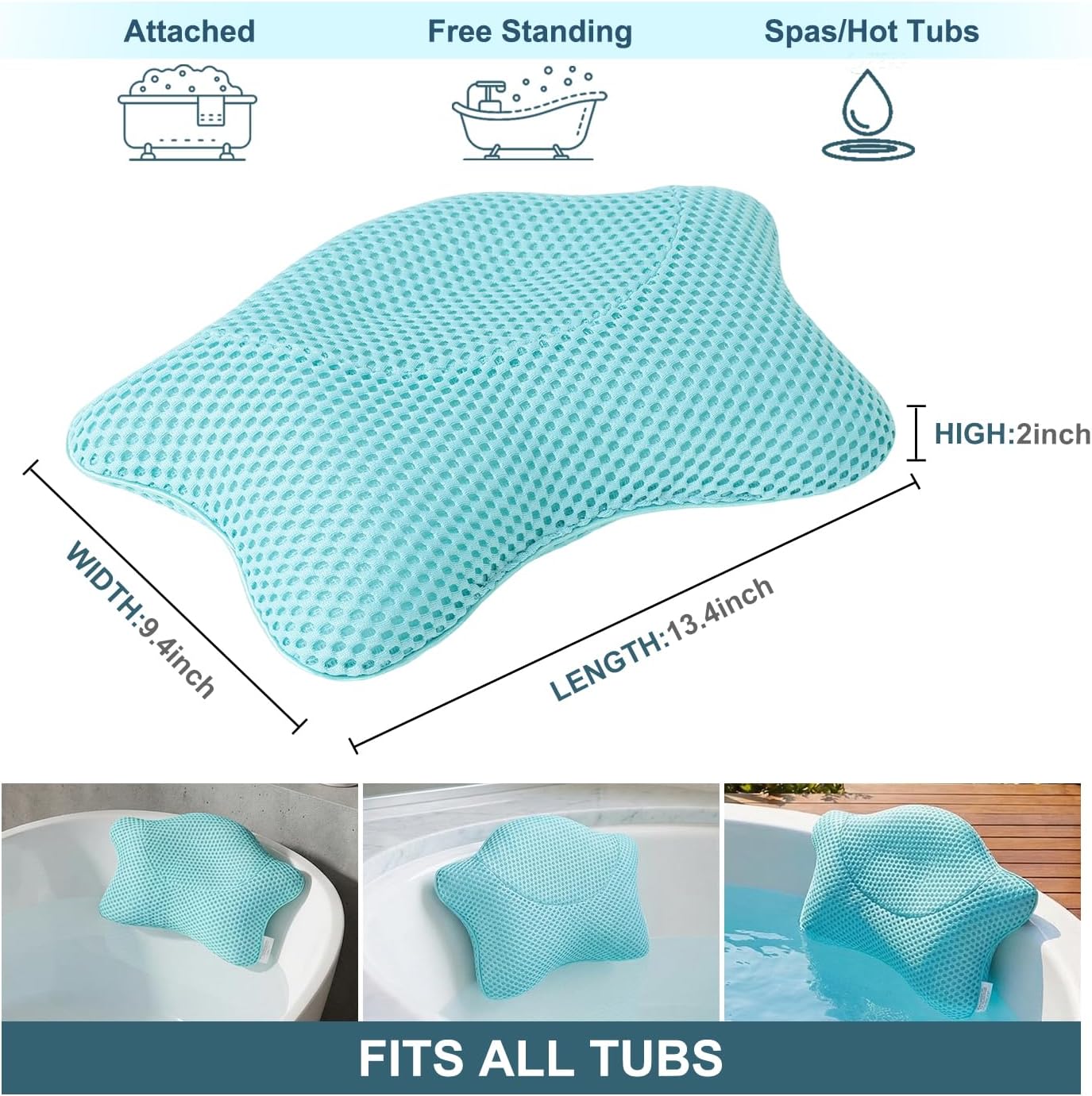 Non Slip Bath Pillow, Luxury Spa Bathtub Head & Neck Rest Support, Permeable Quick Drying Air Mesh Tub Pillow with 4 Large Suction Cups, Fits Any Tubs, Soft and Relaxing (White)