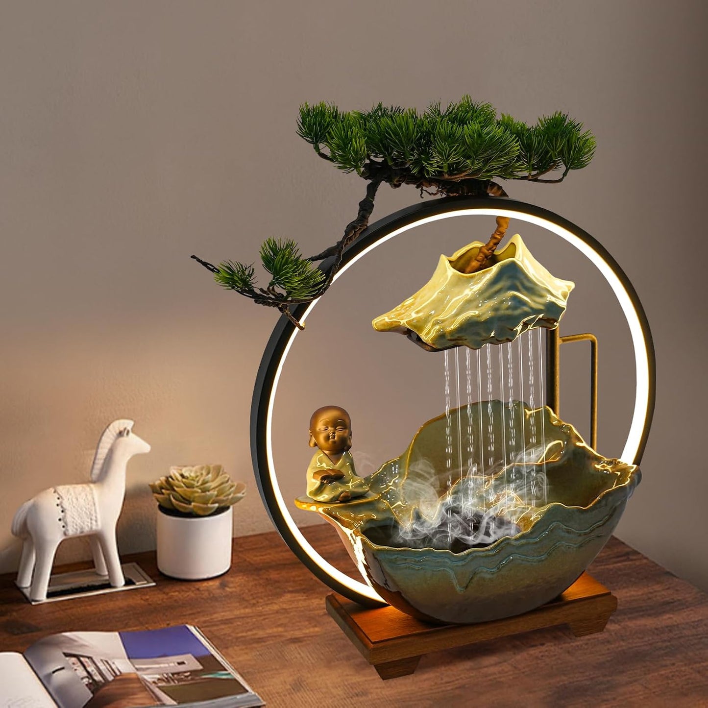Mini Artificial Bonsai Tree Waterfall Fog Feature Rock Tabletop Fountain | 11in Desktop Decor Waterfall Fountain W/ Water Pump& Atomizer&LED Lights &Fake Tree Office Bedroom Relax