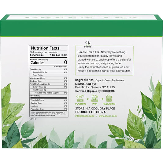 Soeos Organic Green Tea, 6.3 oz (180g), 100 Tea Bags, Refreshing and Fragrant, Sustainably Sourced, Ideal for Hot or Iced Tea, Long-Lasting Freshness