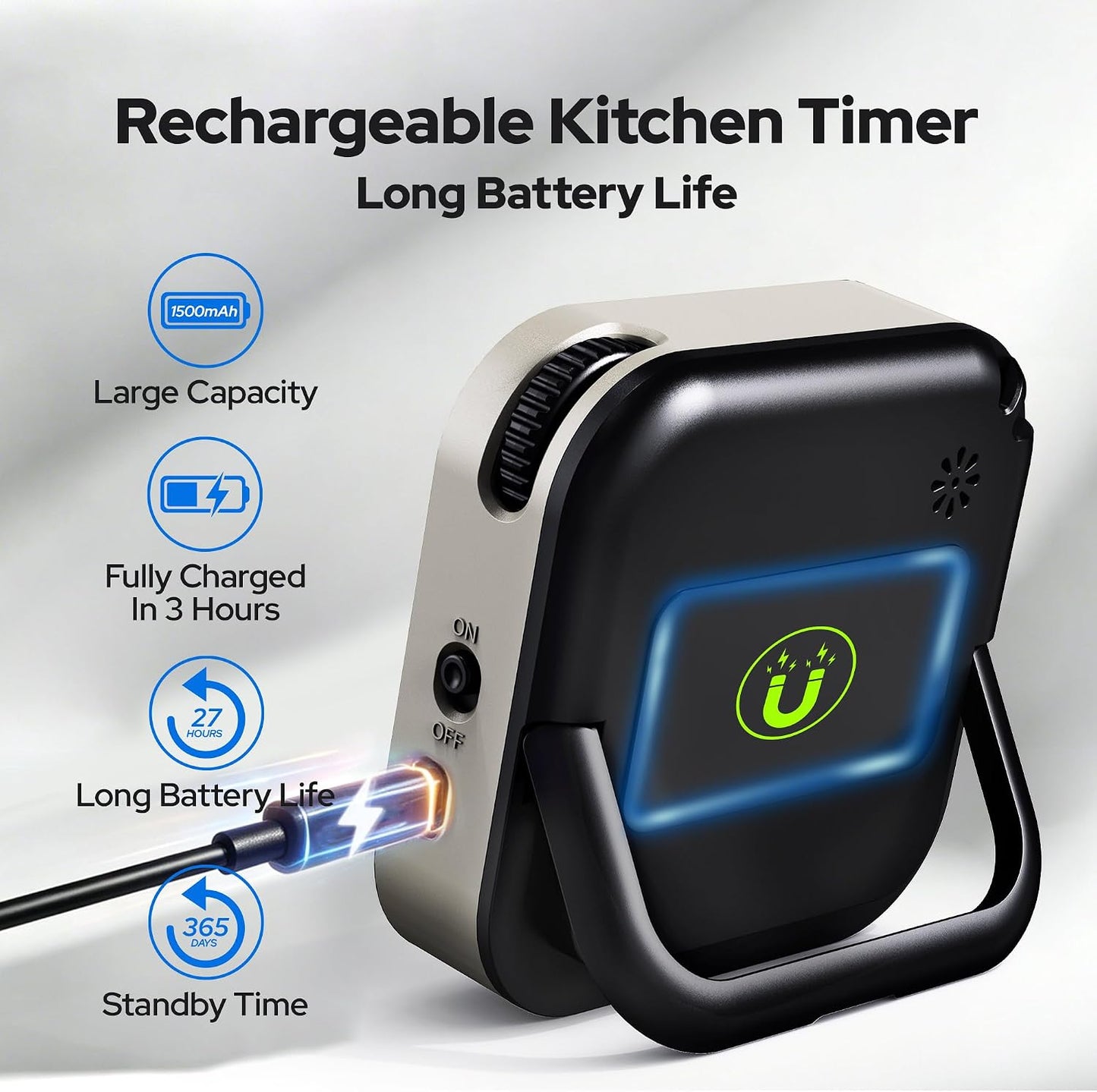 Visual Timer for Kids with Color Display Kitchen Timer 1500mAh Battery | Memory Function Scroll Wheel Control, Magnetic Back with Stand, Up to 12h59m Countdown, Kitchen, Study & Classroom