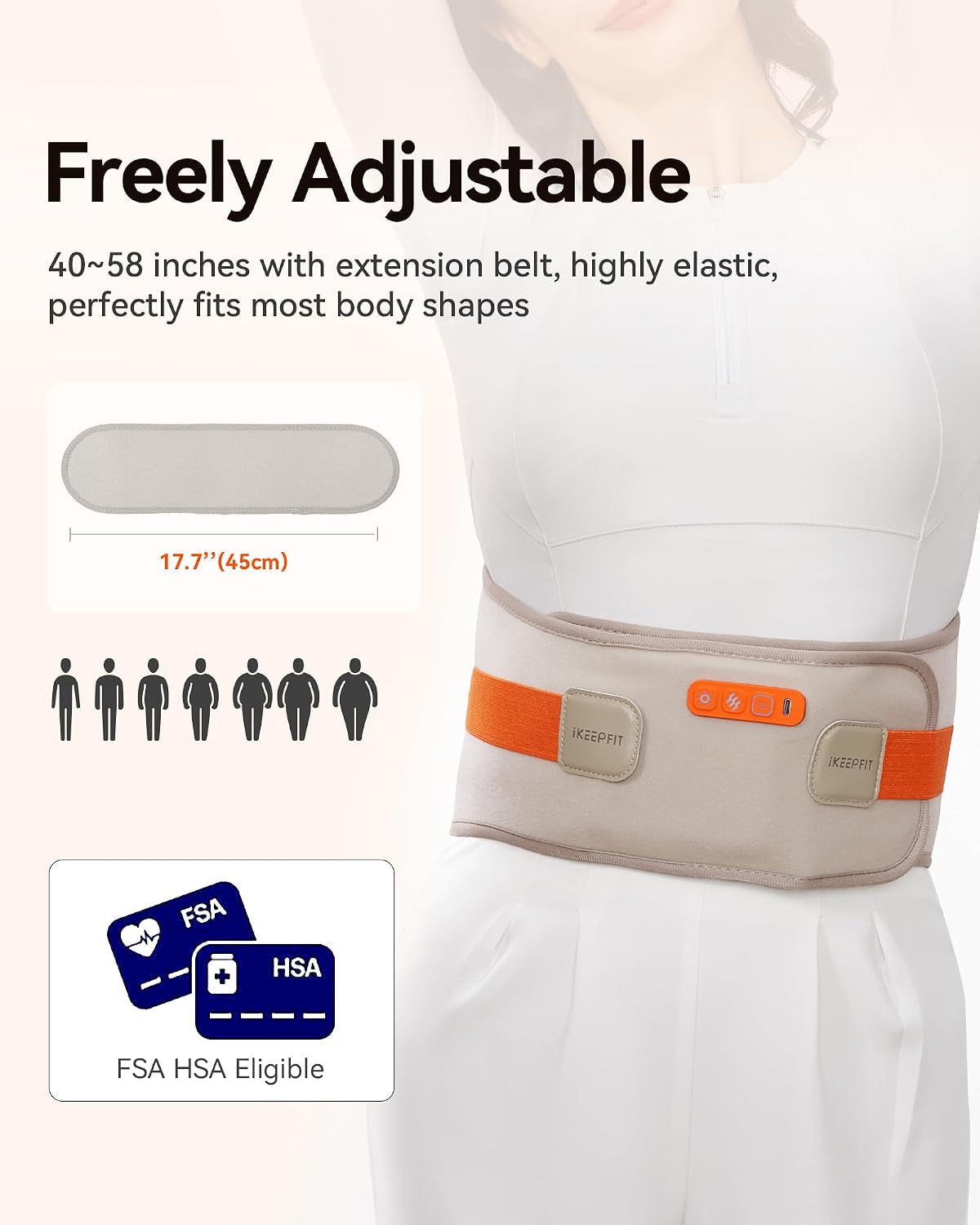 IKEEPFIT Portable Heating Pad for Back, FSA Eligible HSA, Cordless Heat Belt with Massager for Lower Back Pain Relief, Battery Powered 8000 mAh Rechargeable, MAXwarm 3.0, Gift for Women Men 90-310 lb